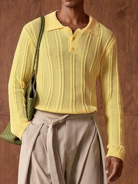 Light Yellow Casual Men's Long Sleeve Polo Sweater